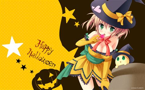 Blush Bow Breasts Brown Hair Candy Cleavage Elbow Gloves Food Gloves Green Eyes Halloween Hat