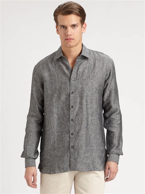 Saks Fifth Avenue Chambray Linen Sportshirt In Gray For Men Lyst