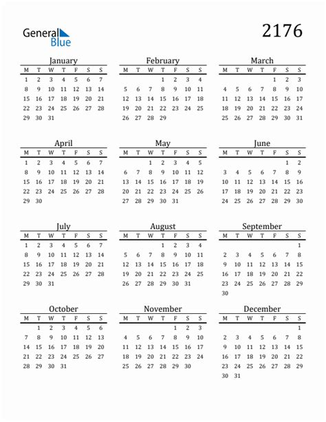 2176 Calendar With Monday Start