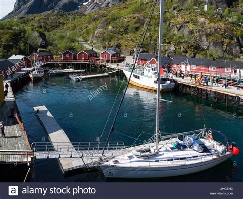 View Down Nusfjord Harbour In Old Preserved Fishing Village Now A