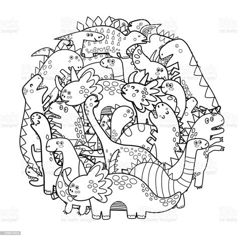 Circle Shape Coloring Page With Cute Dinosaurs Mandala With Dinos Black