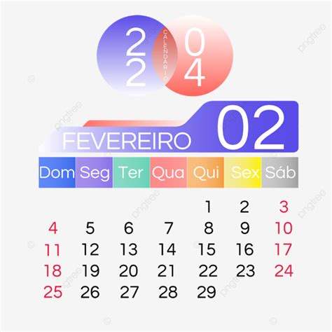 Calendário De Fevereiro Colorido Português 2024 Png 2024 Português