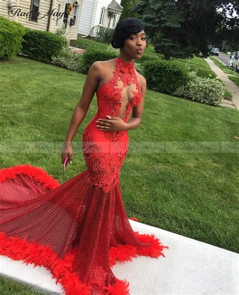 Bling Sequin Red Lace Mermaid African Prom Dress With Feather Train Sexy Halter Open Back Long