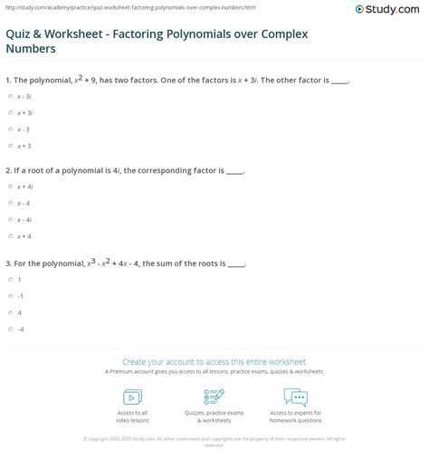 Factoring Complex Numbers Worksheet