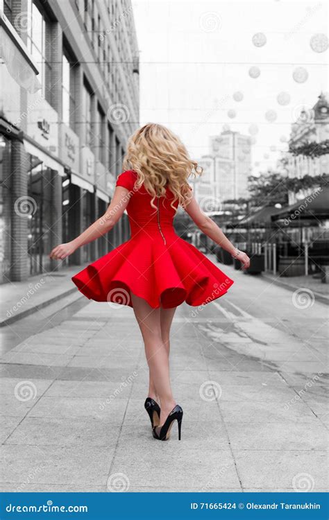 Woman In Red Dress Walking At Bw Outdoor Stock Photo Image Of