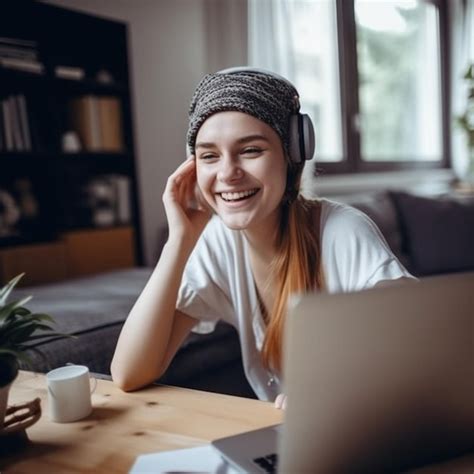 Premium Ai Image A Woman Sits At A Table With A Laptop And A Laptop