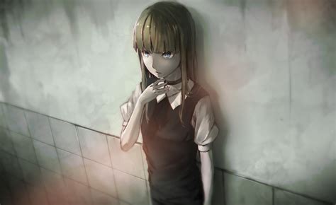 safebooru 1girl against wall blonde hair blue eyes choker copyright request expressionless