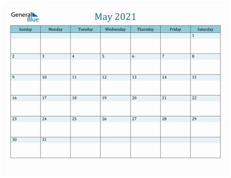 May 2021 Monthly Calendar Template Sunday Start
