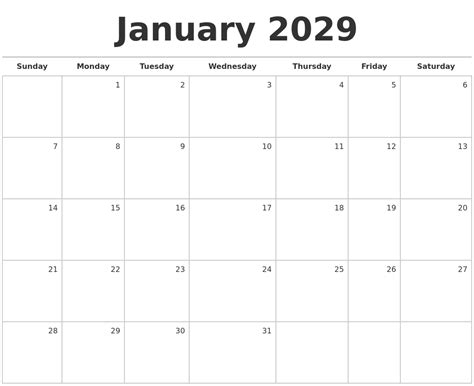 January 2029 Blank Monthly Calendar