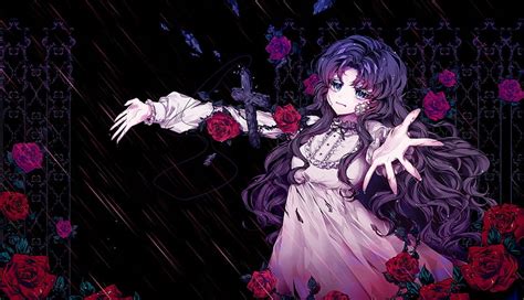 Anime Girl Sad Expression Roses Lolita Purple Hair Anime Hd