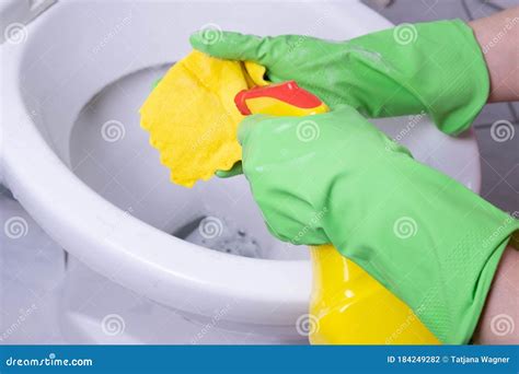 Cleaning Lady In The Bathroom Washes A Toilet Stock Photo Image Of