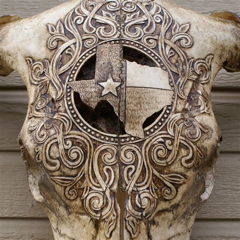 Carved Cow Skull With Texas State Flag Design