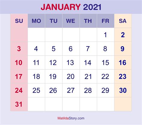 January Printable Calendar 2021 Free Letter Templates