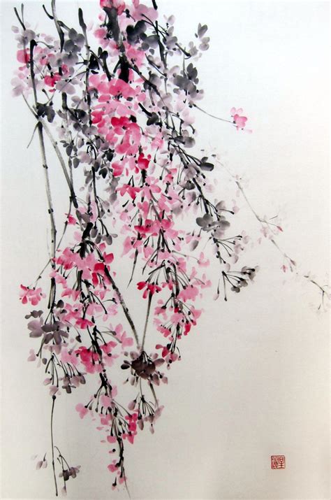 Japanese Ink Painting Suibokugasumi E Brush Painting Pink Flowers