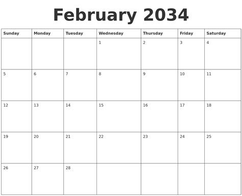 February 2034 Blank Calendar Template