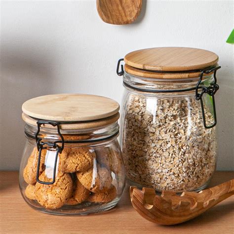 Airtight Storage Jar With Wooden Lid Round Glass Canister 750ml Ebay