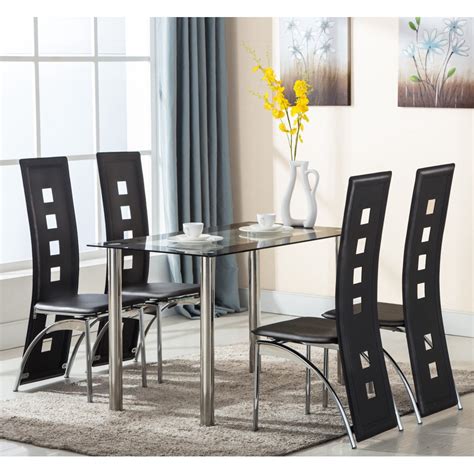 Mecor Dining Table Set With 4 Leather Chairs Kitchen Furniture Black 5 Piece Glass