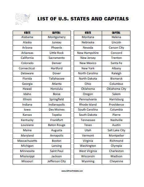 Free Printable List Of Us States And Capitals Free Printable List Of