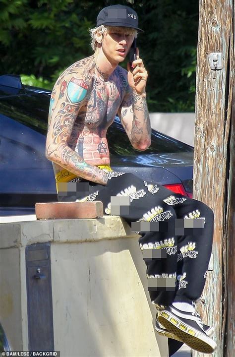 Machine Gun Kelly Shows Off His Shirtless Tatted Bod As He Takes A Call Outside His La Home
