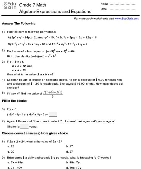 Algebraic expressions are formed from variables and constants. Grade 7 Algebra Test - 16 best images of algebraic expressions worksheets on math year 7 ...
