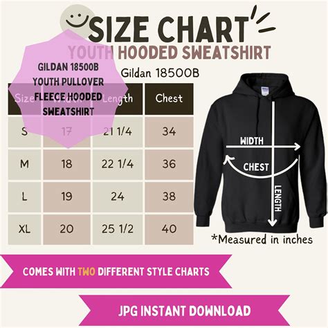 Gildan 18500b Youth Hooded Sweatshirt Size Chart Digital File Etsy