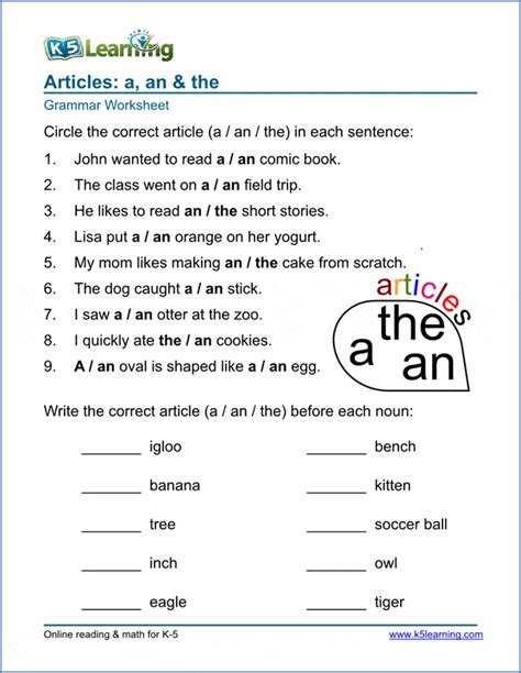 Article Worksheets For Elementary School Printable And Free K5 Learning