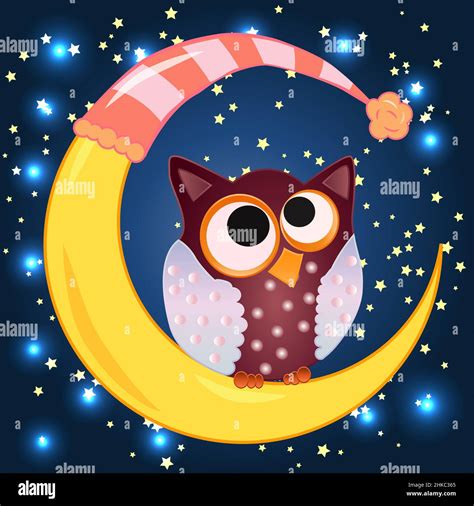 A Sweet Cartoon Owl In A Sleeping Cap Sits On Drowsy Crescent Moon