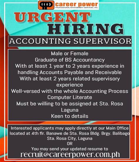 Urgent Hiring Accounting Supervisor Career Power Professional Management Services Inc