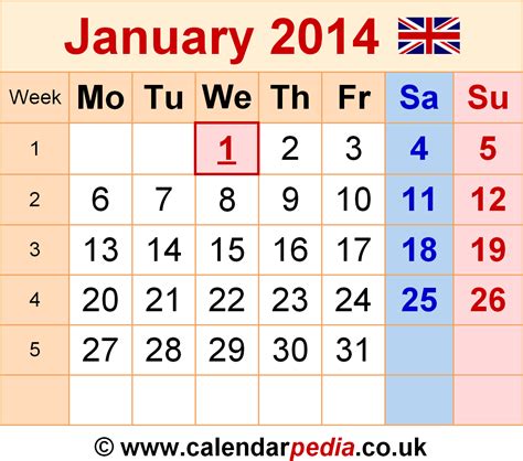 Calendar January 2014 Uk With Excel Word And Pdf Templates