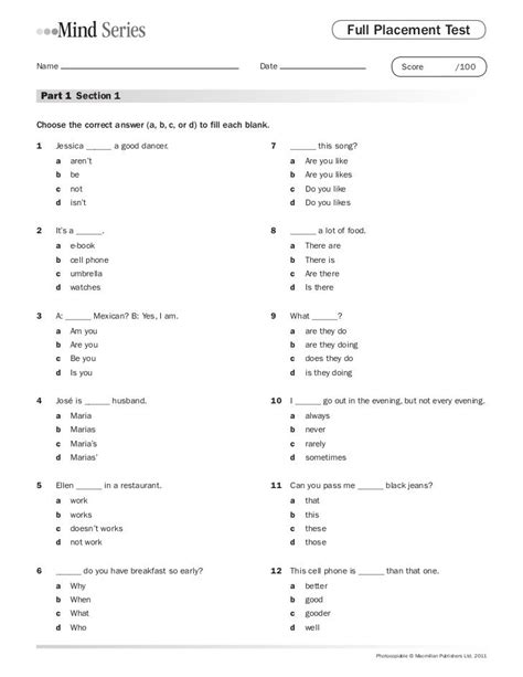 English Grammar Placement Test With Answers Pdf