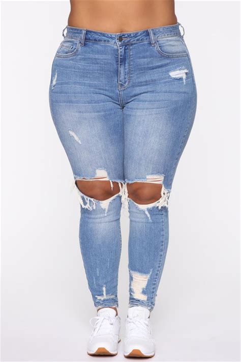 Fashion Light Blue Fashion Casual Solid Ripped Plus Size Jeans For Sale