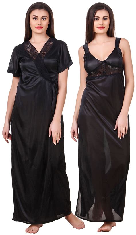 Fasense Women Satin Black Nightwear 2 Pc Set Of Nighty And Wrap M Buy Fasense Women Satin Black