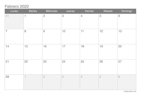 Calendario Febrero De 2022 Para Imprimir