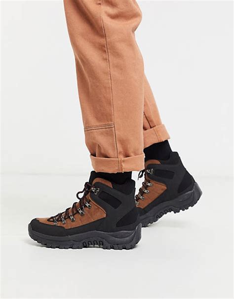 asos design hiker lace up boots in brown and black faux suede asos