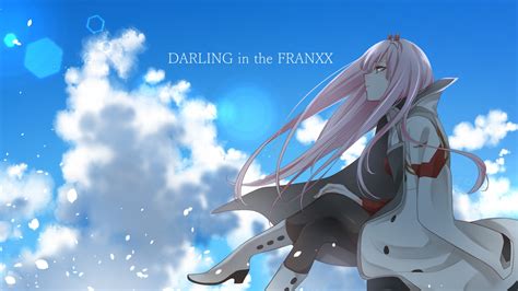 White and red robot wallpaper, darling in the franxx, code:002. Darling In The FranXX Zero Two Hiro Zero Two Sitting On Side With Gray Dress With Background of ...