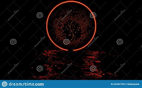 Abstract Red Circle With Blinking Stars Inside And Water Surface With