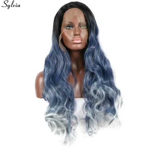 Sylvia Long Dark Blue Wig Three Tone Natural Black Ombre Blue With
