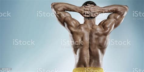 Sports Background Strong Athletic Man Fitness Model Torso Showing Back