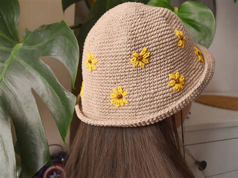 Crochet Daisy Bucket Hat Cotton Woven Summer Fisherman Beanie Etsy