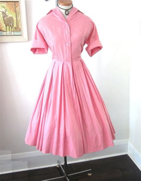 Vintage 1950s Dress Xl Pink Cotton Shirtwaist By Vintagecurve