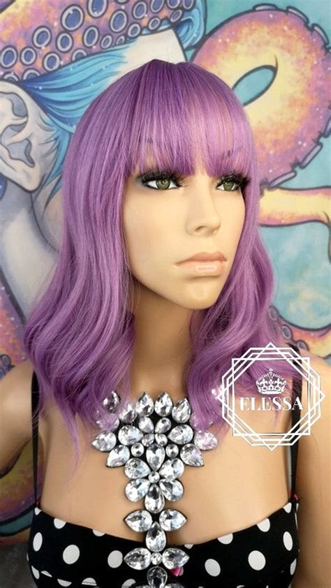 Medium Curly Lavender Purple Color Wig With Bangs Wigs Etsy In 2021