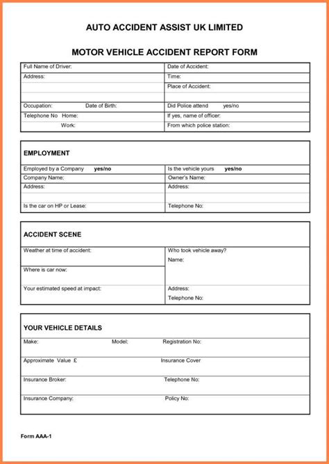 Motor Vehicle Accident Report Form Template Sample Design Templates