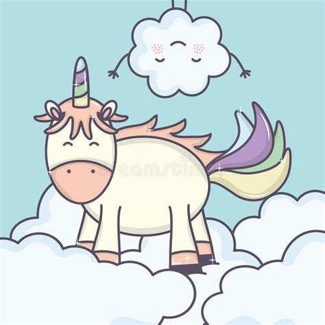 Cute Adorable Unicorn And Cloud Kawaii Fairy Characters Stock Vector