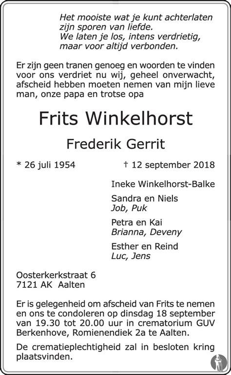 Frederik Gerrit Frits Winkelhorst Overlijdensbericht En