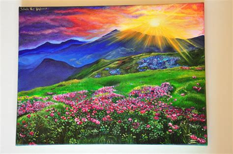Mountain Sunset Spring Landscape Acrylic Painting