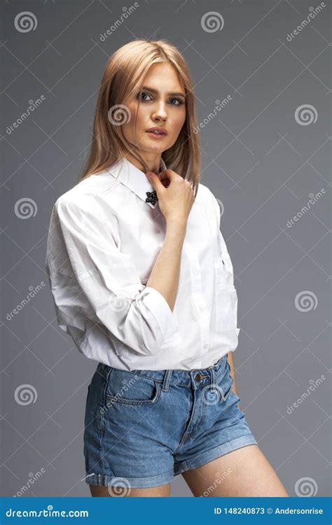 Closeup Portrait Of A Young Beautiful Blonde Woman In A White Shirt Stock Image Image Of