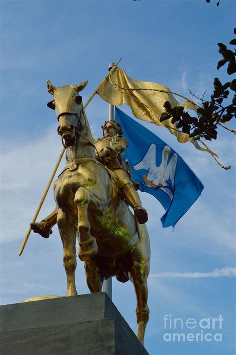 St Joan Of Arc Statue In The Evening With Louisiana Flag Photograph By