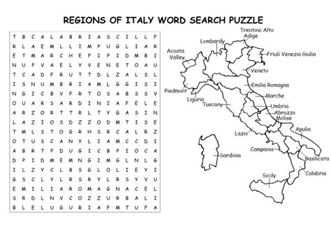 Regions Of Italy Word Search Puzzle And Map Regions Of Italy