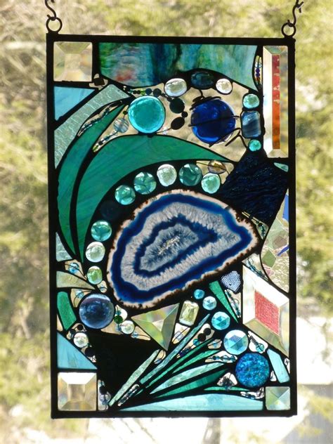 Hand Crafted Stained Glass Mixed Media Abstract Window Panel By Glass