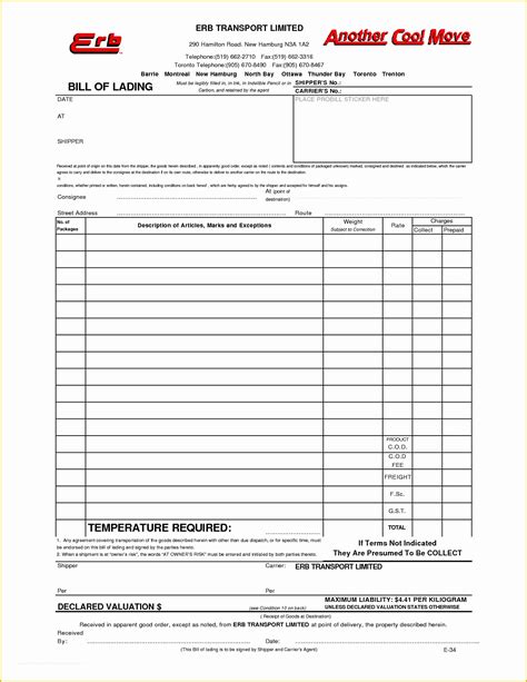 Vehicle Bill Of Lading Template